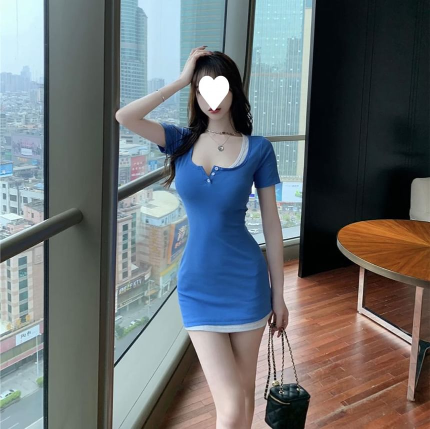 Short-Sleeve Henley Mock Two Piece Mini Sheath Dress