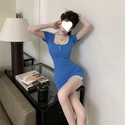 Short-Sleeve Henley Mock Two Piece Mini Sheath Dress