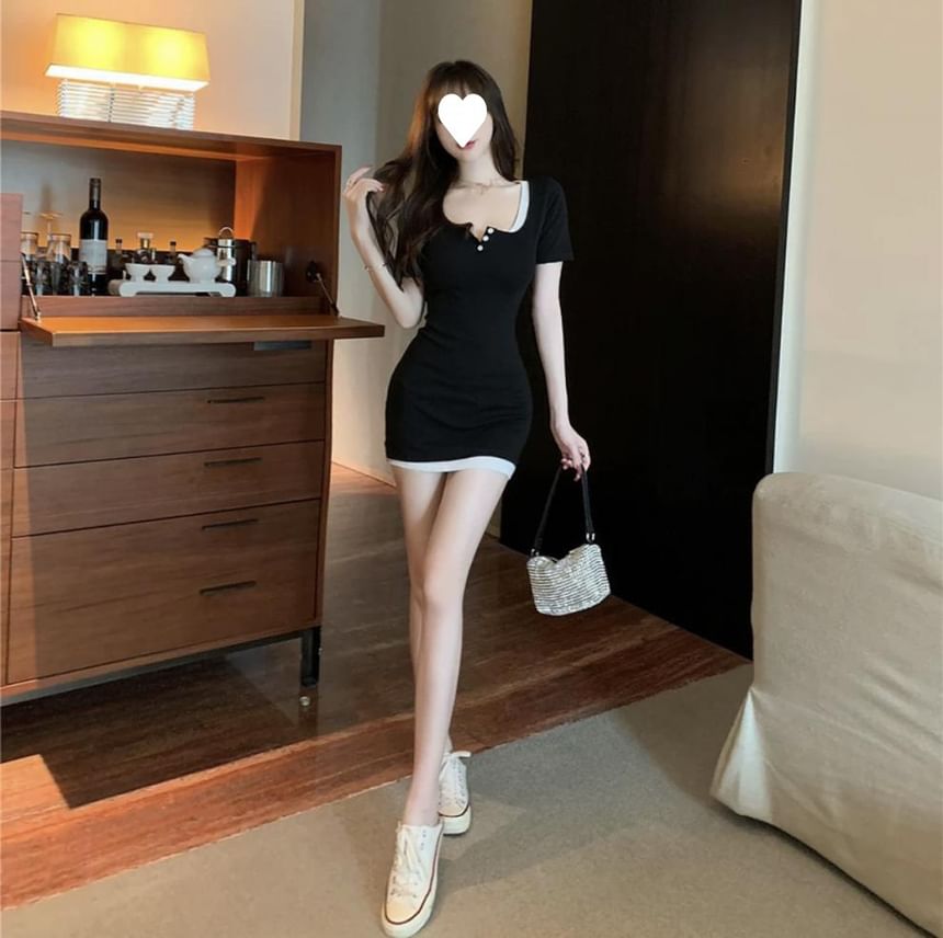 Short-Sleeve Henley Mock Two Piece Mini Sheath Dress