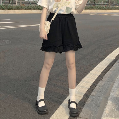 Elastic Waist Plain Ruffle Shorts