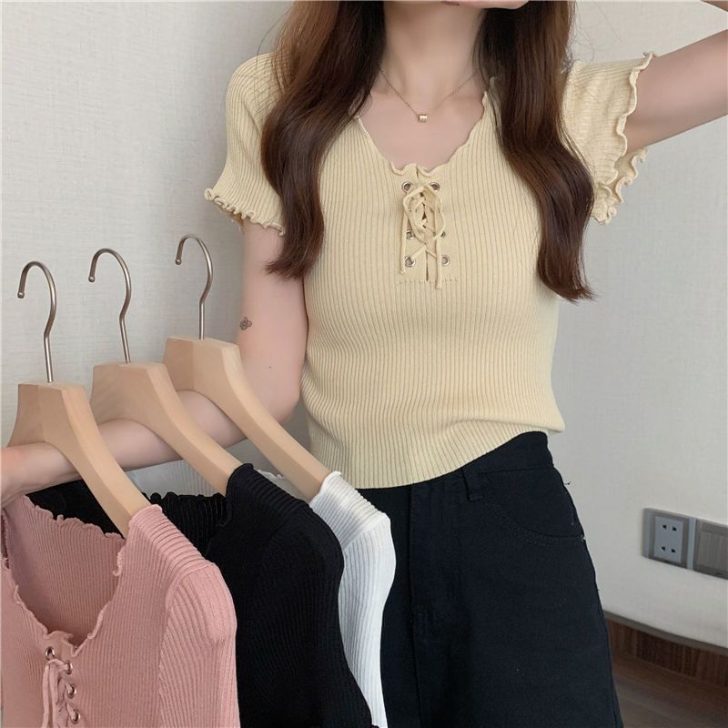 Short-Sleeve V-Neck Plain Lace Up Ribbed Knit Top