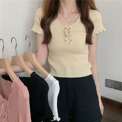 Short-Sleeve V-Neck Plain Lace Up Ribbed Knit Top