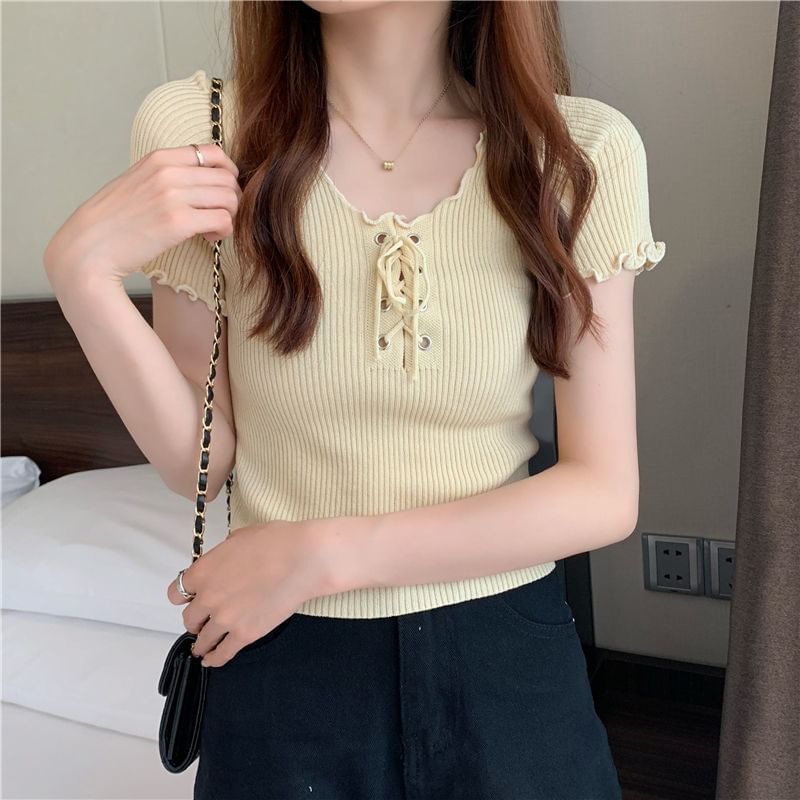 Short-Sleeve V-Neck Plain Lace Up Ribbed Knit Top