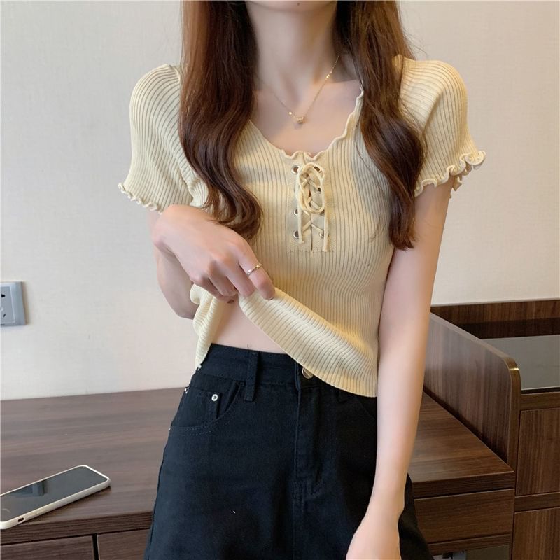 Short-Sleeve V-Neck Plain Lace Up Ribbed Knit Top