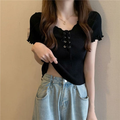 Short-Sleeve V-Neck Plain Lace Up Ribbed Knit Top