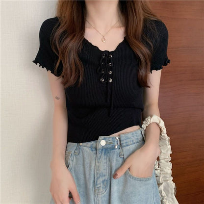 Short-Sleeve V-Neck Plain Lace Up Ribbed Knit Top