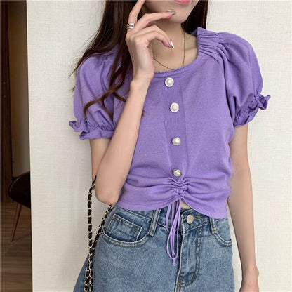 Short-Sleeve Square Neck Plain Faux Pearl Button Drawstring Knit Top