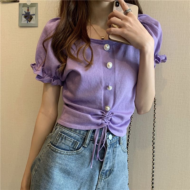 Short-Sleeve Square Neck Plain Faux Pearl Button Drawstring Knit Top