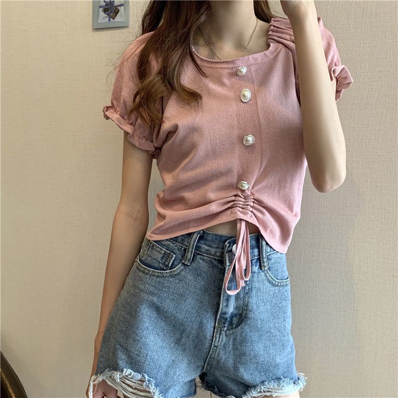 Short-Sleeve Square Neck Plain Faux Pearl Button Drawstring Knit Top