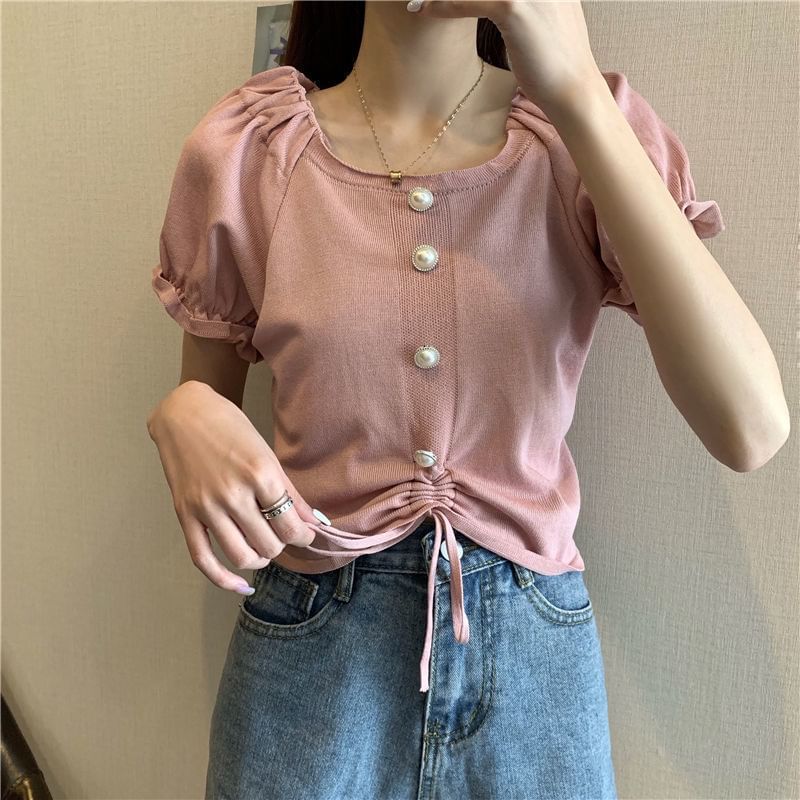 Short-Sleeve Square Neck Plain Faux Pearl Button Drawstring Knit Top