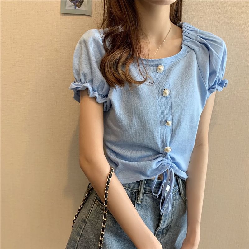 Short-Sleeve Square Neck Plain Faux Pearl Button Drawstring Knit Top