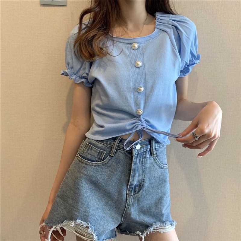 Short-Sleeve Square Neck Plain Faux Pearl Button Drawstring Knit Top