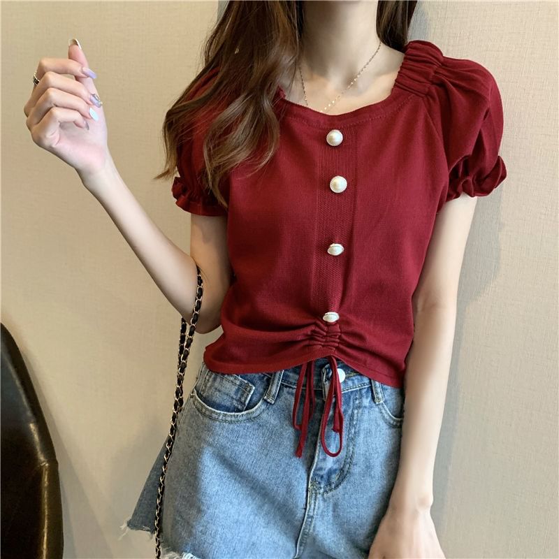 Short-Sleeve Square Neck Plain Faux Pearl Button Drawstring Knit Top