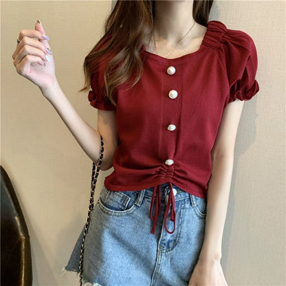 Short-Sleeve Square Neck Plain Faux Pearl Button Drawstring Knit Top