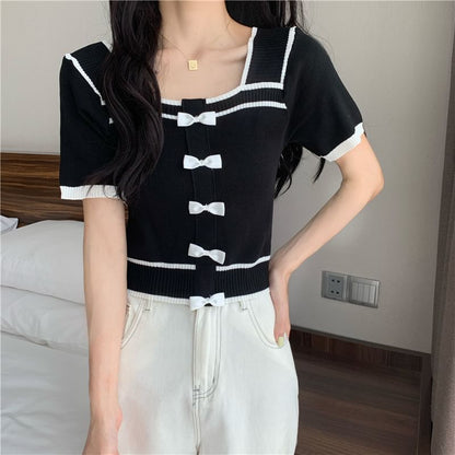 Short-Sleeve Square Neck Bow Knit Top