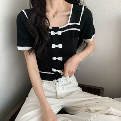 Short-Sleeve Square Neck Bow Knit Top