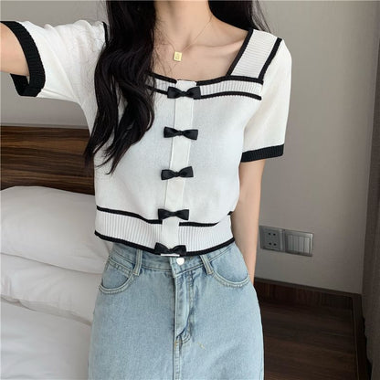 Short-Sleeve Square Neck Bow Knit Top