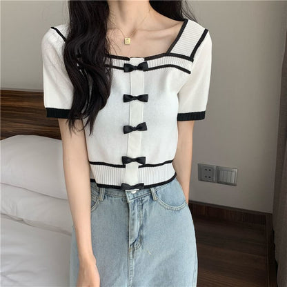 Short-Sleeve Square Neck Bow Knit Top