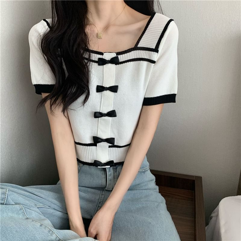 Short-Sleeve Square Neck Bow Knit Top