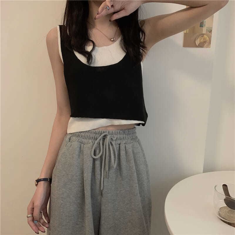 Scoop Neck Mock Two Piece Knit Tank Top