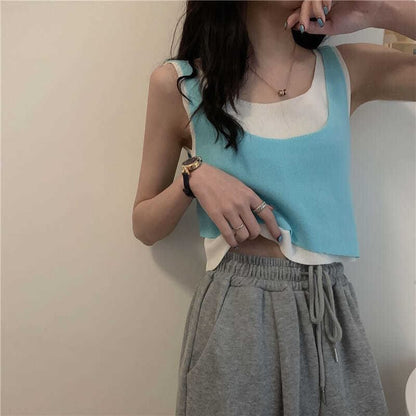 Scoop Neck Mock Two Piece Knit Tank Top