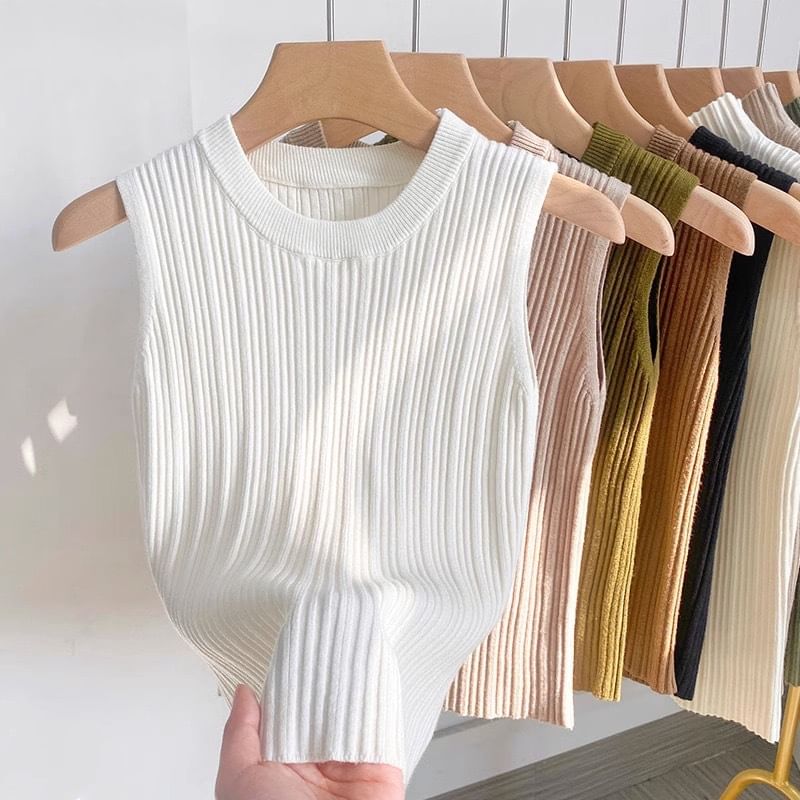 Neck Plain Crew Top Knit Tank Ribbed