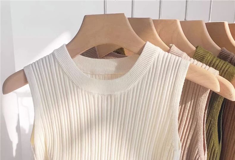 Neck Plain Crew Top Knit Tank Ribbed