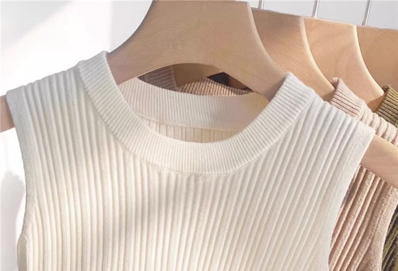 Neck Plain Crew Top Knit Tank Ribbed