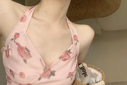 Halter Neck Floral Print Crop Top / Plain Cardigan