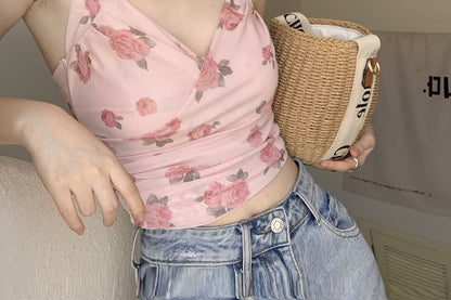 Halter Neck Floral Print Crop Top / Plain Cardigan