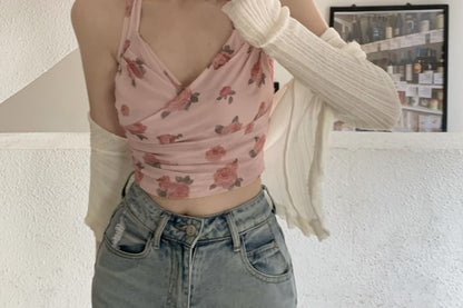 Halter Neck Floral Print Crop Top / Plain Cardigan