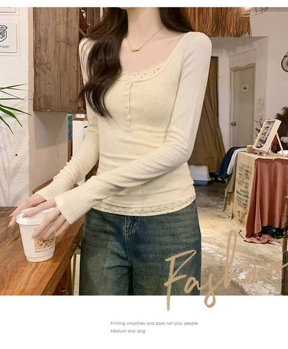 Mock Two-Piece Long-Sleeve Square Neck Floral Panel Slim Fit T-Shirt