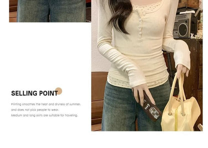 Mock Two-Piece Long-Sleeve Square Neck Floral Panel Slim Fit T-Shirt