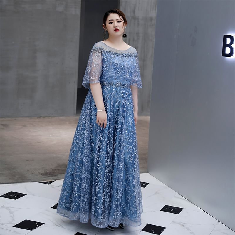 [3XL-6XL] Elbow-Sleeve Floral Mesh A-Line Evening Gown