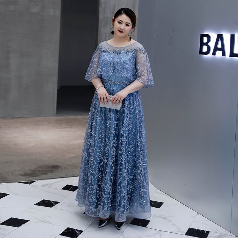 [3XL-6XL] Elbow-Sleeve Floral Mesh A-Line Evening Gown
