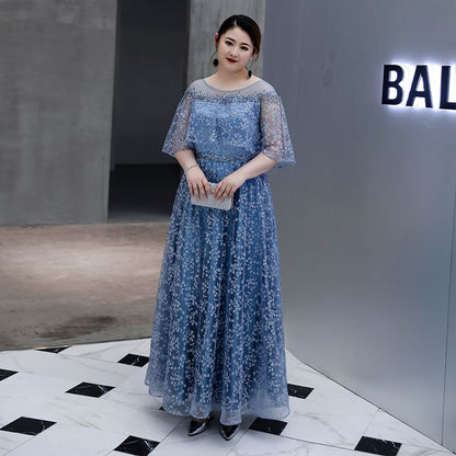 [3XL-6XL] Elbow-Sleeve Floral Mesh A-Line Evening Gown