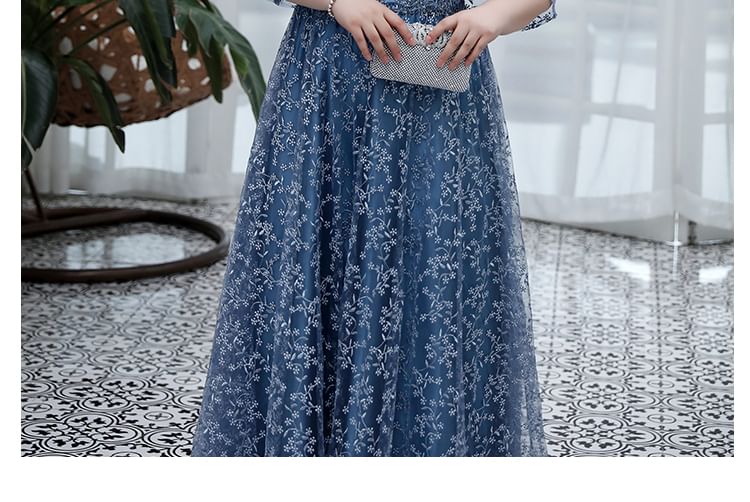 [3XL-6XL] Elbow-Sleeve Floral Mesh A-Line Evening Gown