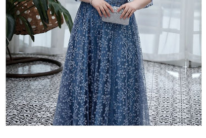 [3XL-6XL] Elbow-Sleeve Floral Mesh A-Line Evening Gown