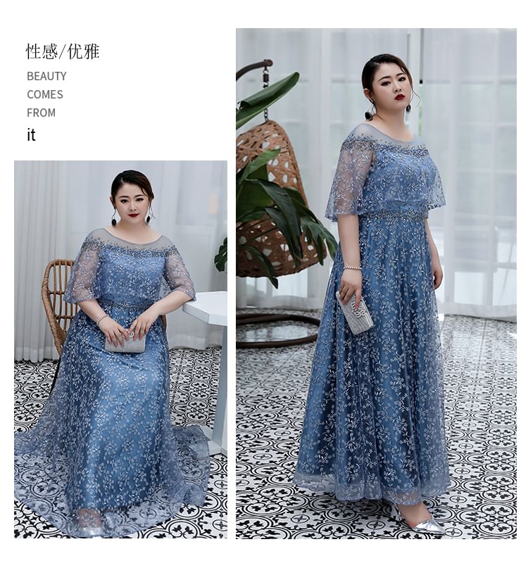 [3XL-6XL] Elbow-Sleeve Floral Mesh A-Line Evening Gown