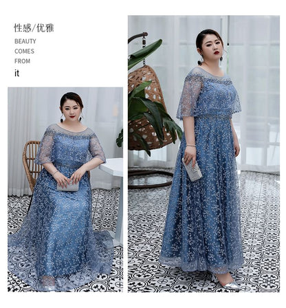 [3XL-6XL] Elbow-Sleeve Floral Mesh A-Line Evening Gown