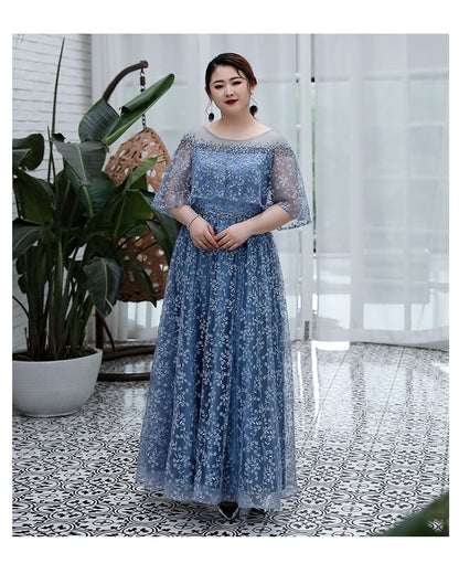 [3XL-6XL] Elbow-Sleeve Floral Mesh A-Line Evening Gown