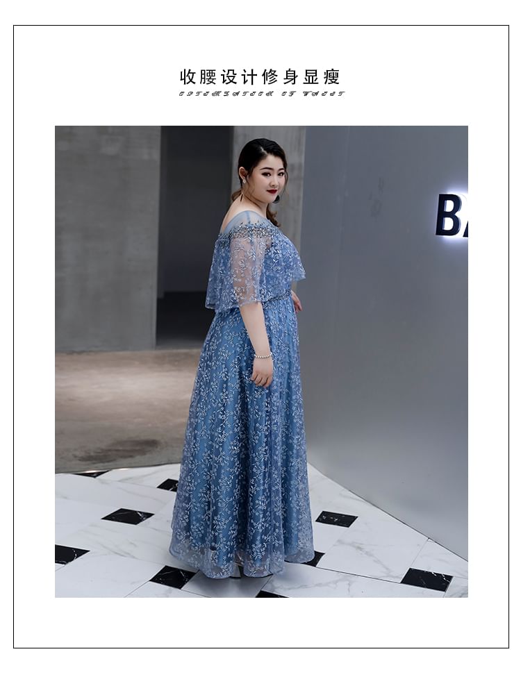 [3XL-6XL] Elbow-Sleeve Floral Mesh A-Line Evening Gown