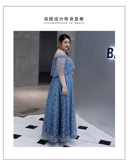 [3XL-6XL] Elbow-Sleeve Floral Mesh A-Line Evening Gown