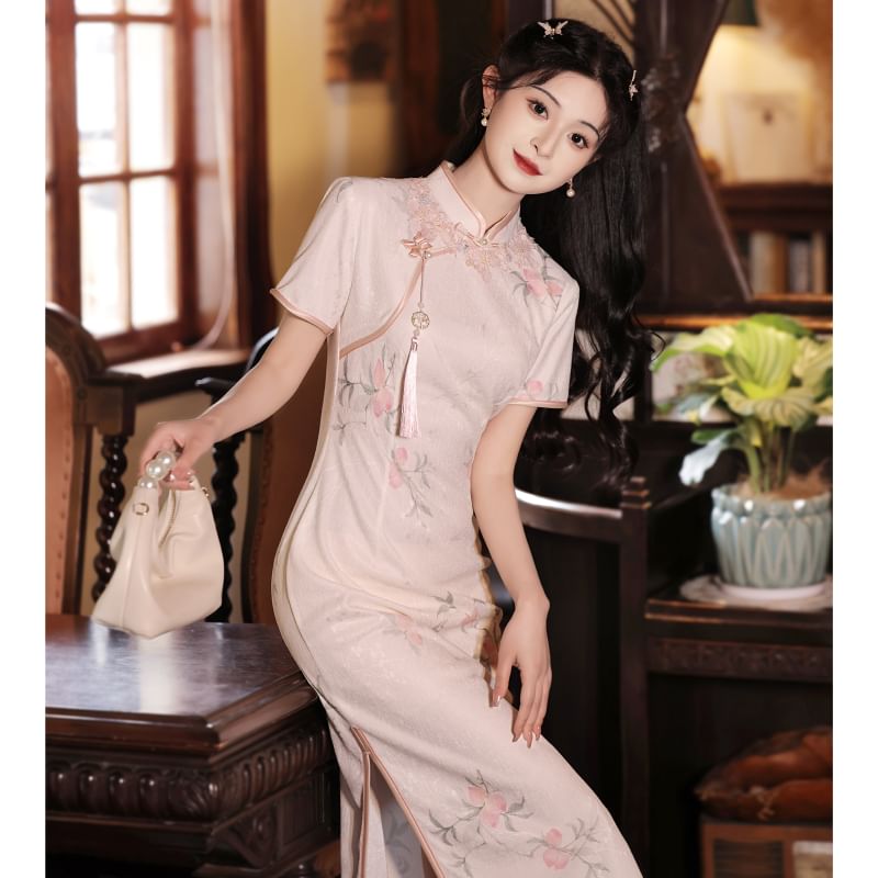 Short-Sleeve Floral Midi Qipao