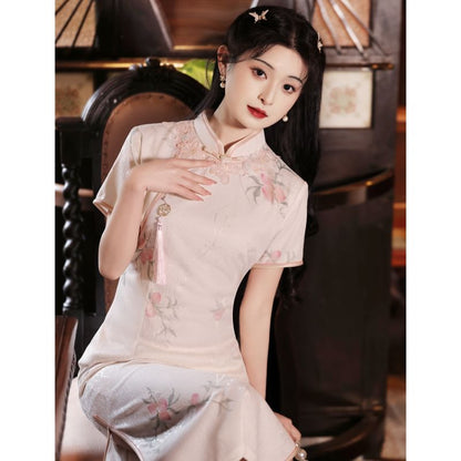 Short-Sleeve Floral Midi Qipao