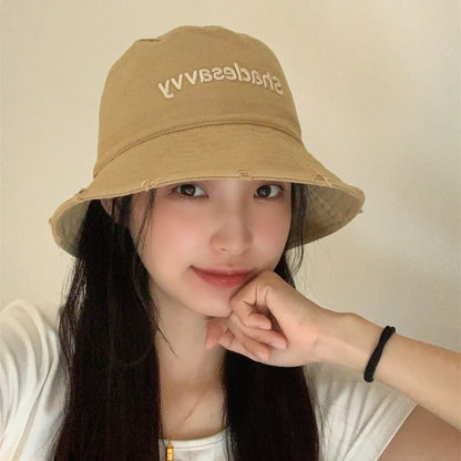 Lettering Embroidered Distressed Bucket Hat