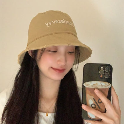 Lettering Embroidered Distressed Bucket Hat