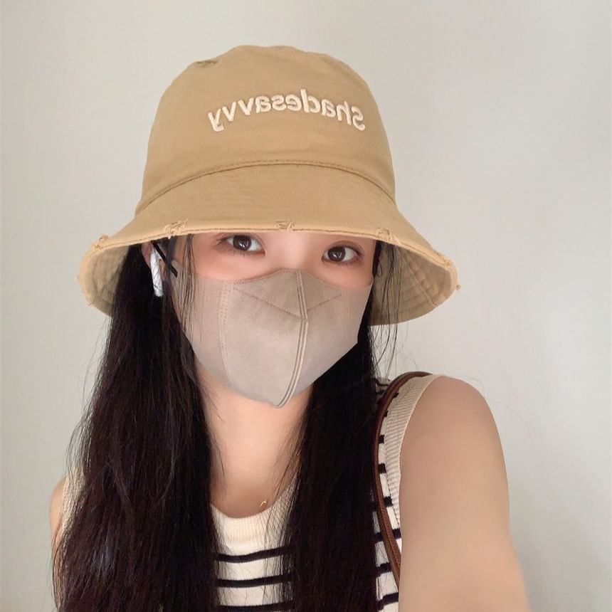 Lettering Embroidered Distressed Bucket Hat