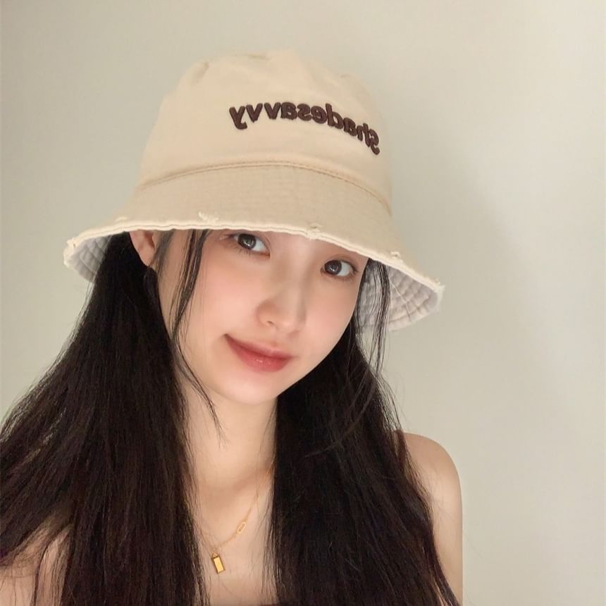 Lettering Embroidered Distressed Bucket Hat