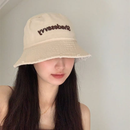 Lettering Embroidered Distressed Bucket Hat